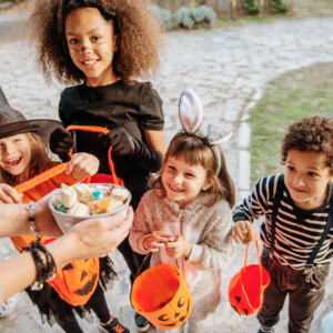 Children in Halloween costumes, trick or treating